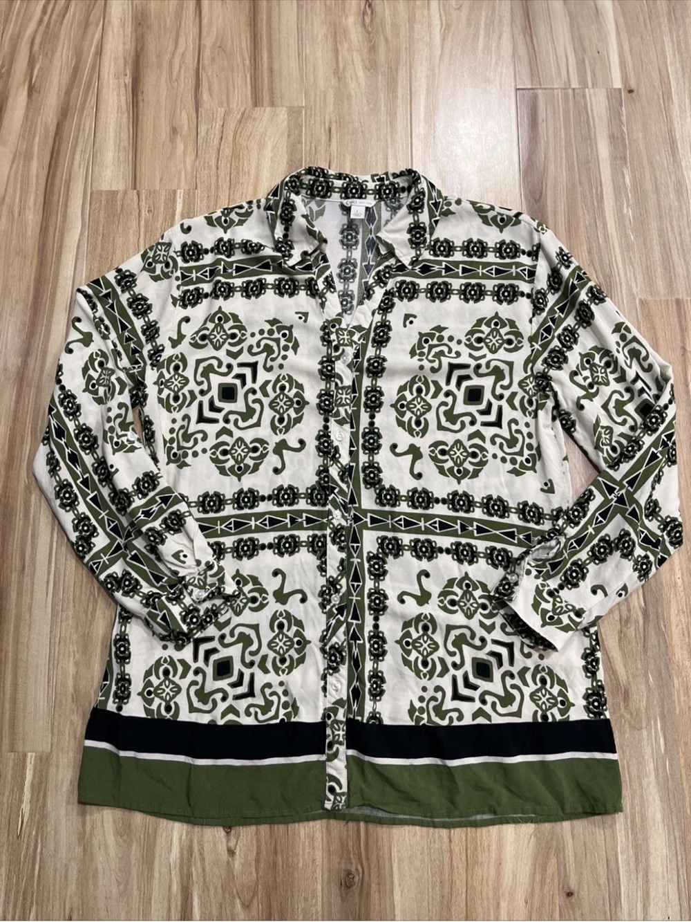 Cato Green & White Geometric Printed Button-Up
